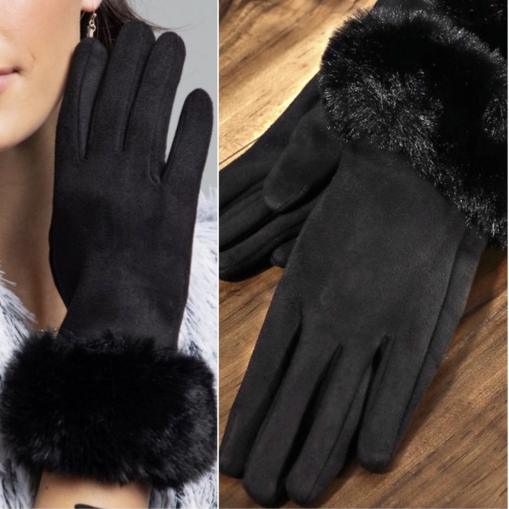 LAST PAIR! Elegant Black Faux Fur Vegan Suede Winter Gloves - Picture 3 of 6